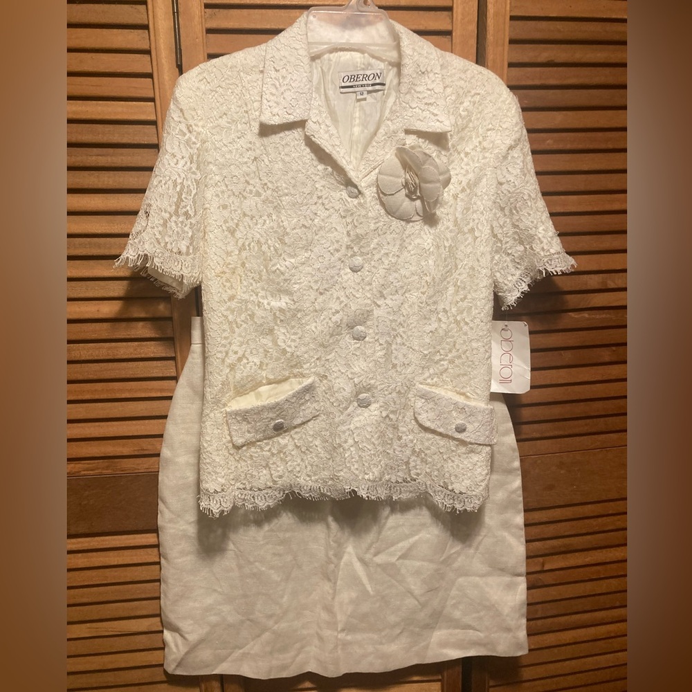 Vintage Oberon White Lace & Linen Skirt Suit